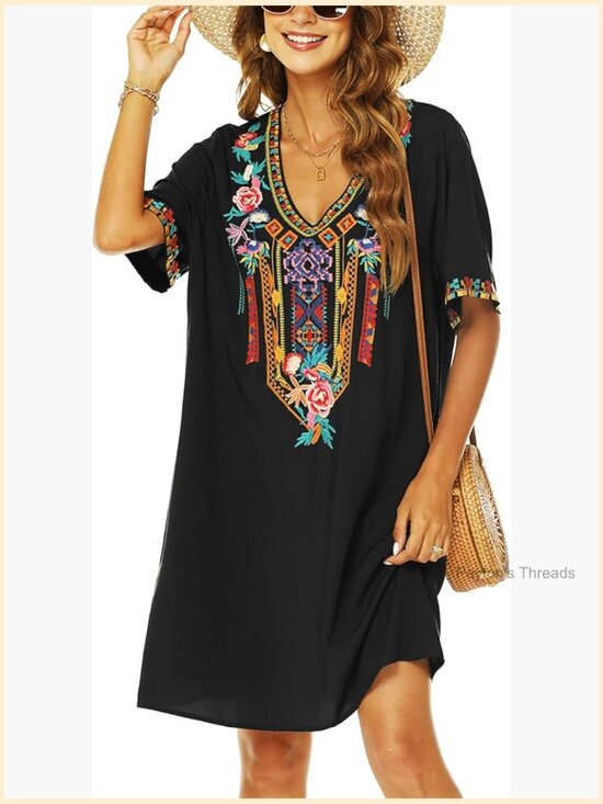 Dresses & Skirts - Boho Embroidered Dress V-Neck Short Sleeve Midi Dress Floral Embroidery